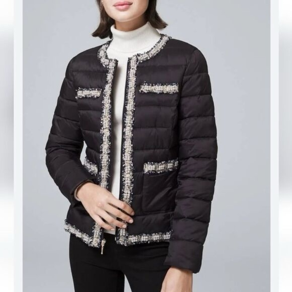 Karl Lagerfeld Tweed Trim Puffer Jacket